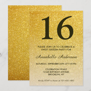 Invitation 16e anniversaire Elegant Black Gold Parties scinti