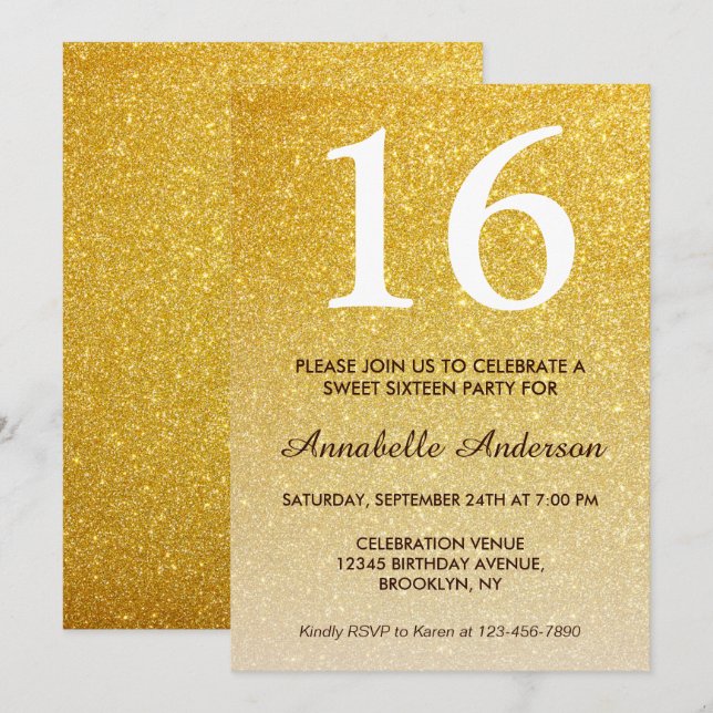 Invitation 16e anniversaire Elegant Yellow Gold Parties scint (Devant / Derrière)