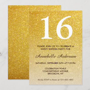 Invitation 16e anniversaire Elegant Yellow Gold Parties scint