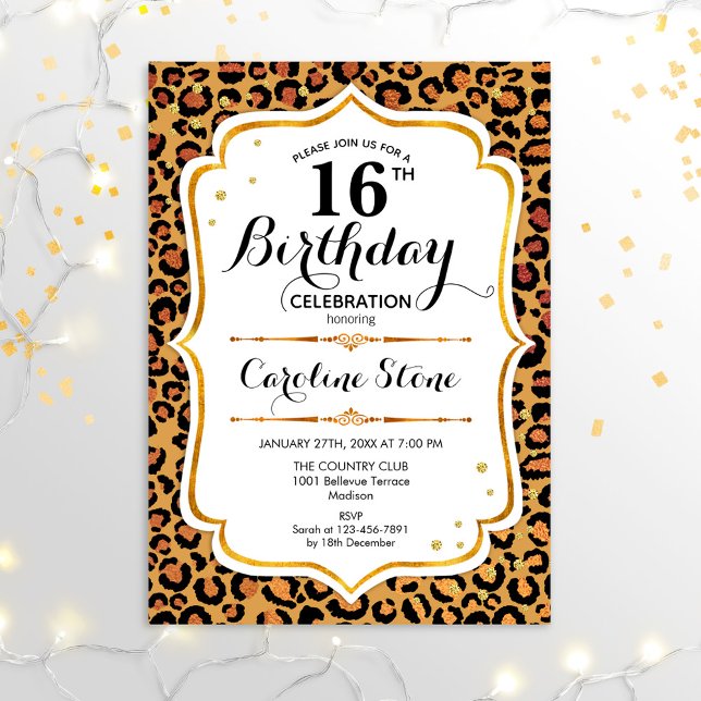 Invitation 16e anniversaire - Empreinte de léopard d'or (Créateur téléchargé)