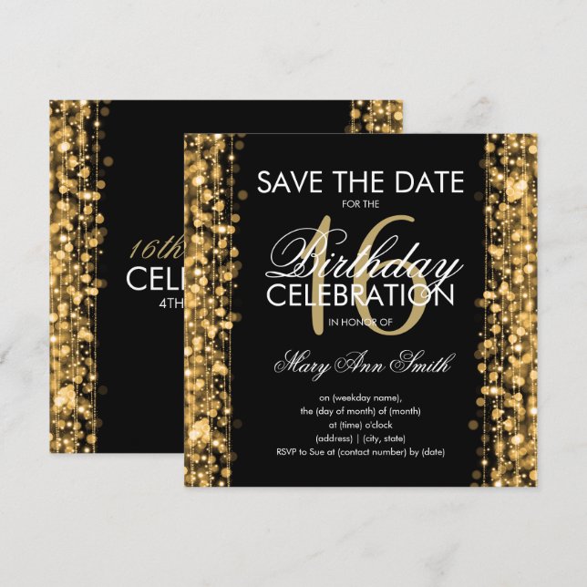 Invitation 16e Anniversaire fête "Save The Date" Étincelle Or (Devant / Derrière)