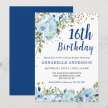 16e anniversaire Floral Navy Blue Gold Confetti Gi