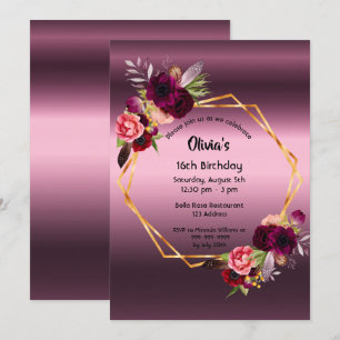 Invitation 16e anniversaire flores bordeaux violet géométriqu