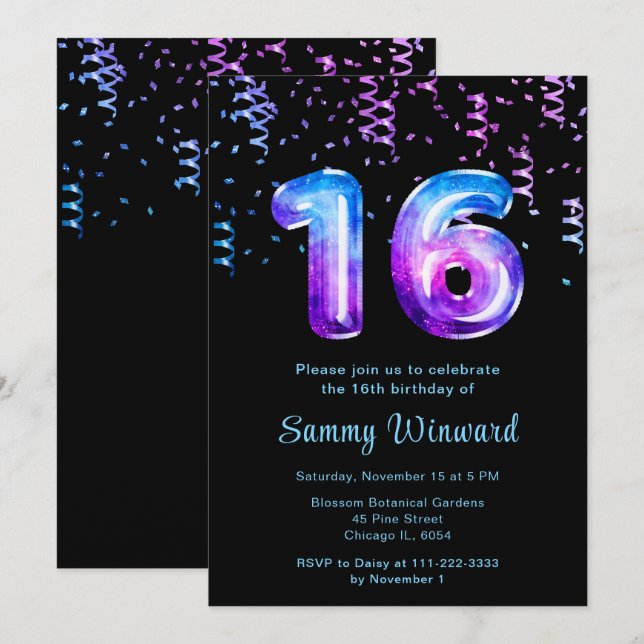 Invitation 16e anniversaire Galaxy Balloons avec Confetti (Devant / Derrière)