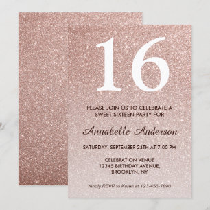 Invitation 16e anniversaire Glam Rose Rose Gold Parties scint