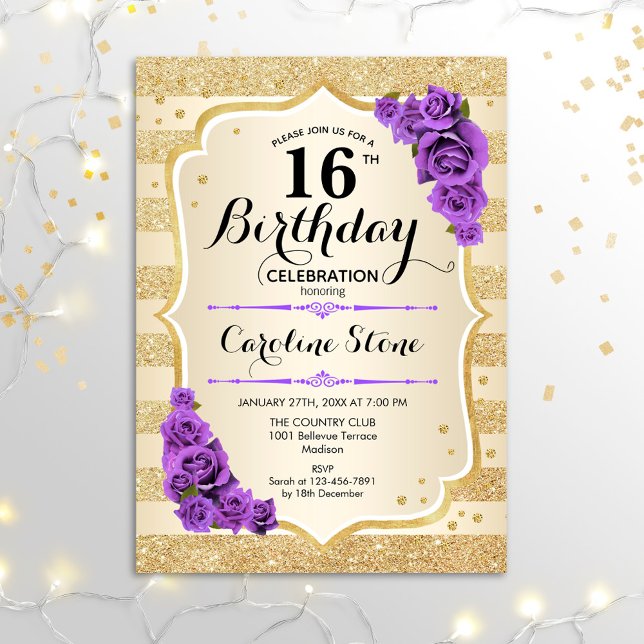 Invitation 16e anniversaire - Gold Stripes Roses violets (Créateur téléchargé)