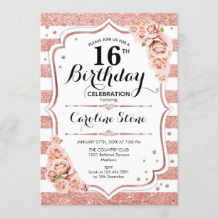 Invitation 16e anniversaire - Grèves blanches d'or Rose