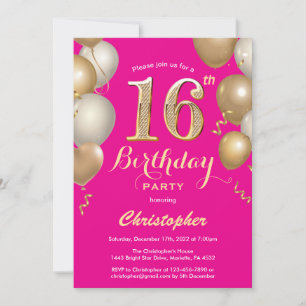 Invitation 16e anniversaire Hot Pink et Gold Balloons Confett