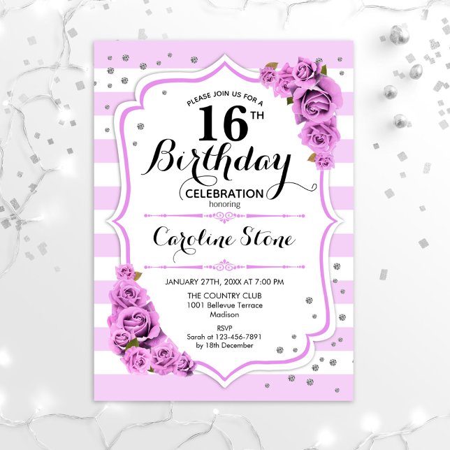 Invitation 16e anniversaire - Lavande Blanc Fleurs pourpres (Créateur téléchargé)