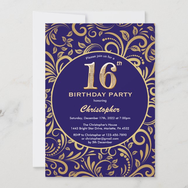 Invitation 16e anniversaire Marine bleu et or modèle floral (Devant)