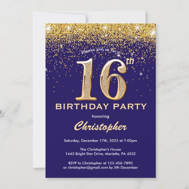 Invitation 16e anniversaire Marine Blue and Gold Parties scin (Devant)