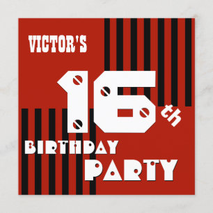 Invitation 16e anniversaire moderne rouge rayures noires T16A