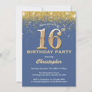 Invitation 16e anniversaire Parties scintillant bleue et or C