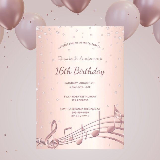 Invitation 16e anniversaire rose diamants or musique (Créateur téléchargé)