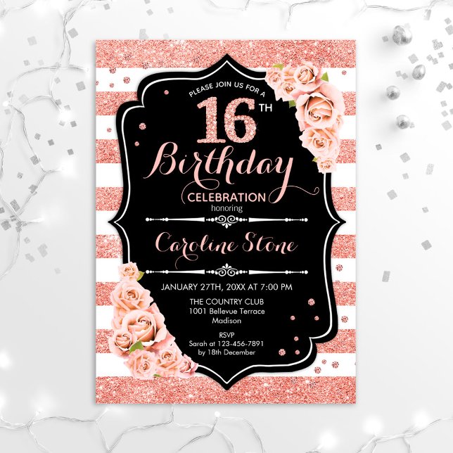 Invitation 16e anniversaire Rose noir Gold et Blancs (Créateur téléchargé)