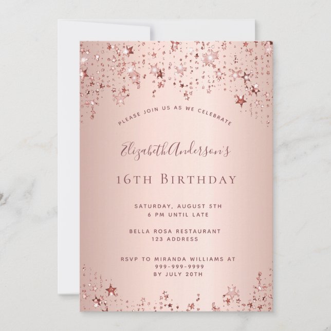 Invitation 16e anniversaire rose or étoiles sprinkle (Devant)