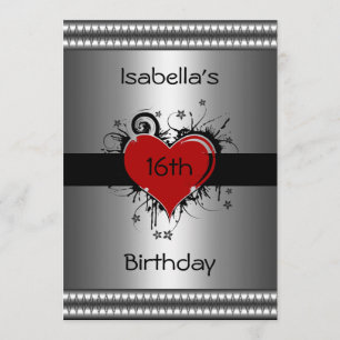 Invitation 16e anniversaire Rouge Noir Coeur Floral Argent