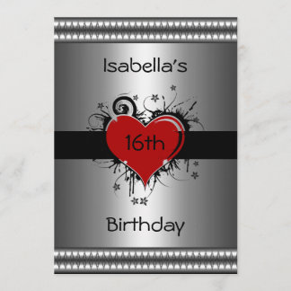 Invitation 16e Anniversaire Rouge Noir Floral Cœur Argent