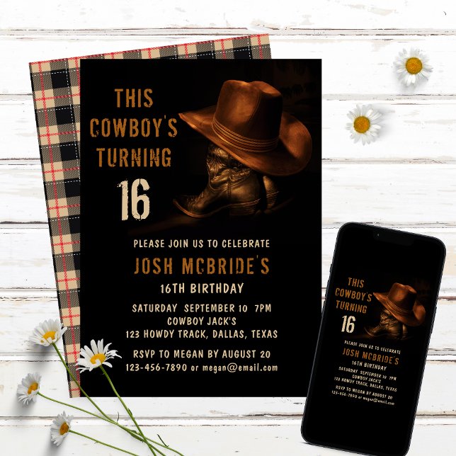 Invitation 16e anniversaire Rustic Cowboy Casquette et Bottes (Créateur téléchargé)