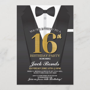 Invitation 16e anniversaire Spy Suit Black cravate Gold Tuxed