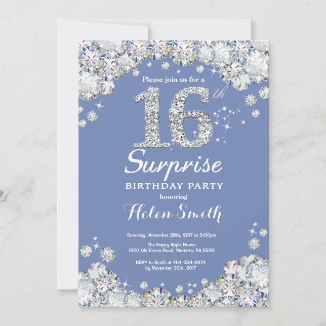 Invitation 16e anniversaire surprise Diamant d'argent bleu (Devant)