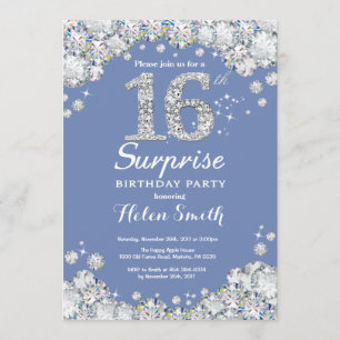 Invitation 16e anniversaire surprise Diamant d'argent bleu