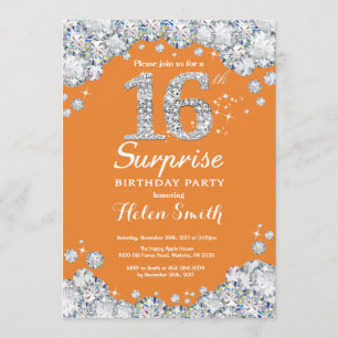 Invitation 16e anniversaire surprise Orange et Silver Diamond