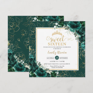 Invitation 16e anniversaire Sweet 16 Emerald Green Floral Gol