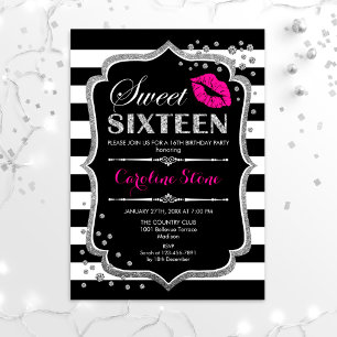 Invitation 16e anniversaire - Sweet sixteen noir rose argent
