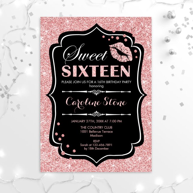 Invitation 16e anniversaire - Sweet sixteen Rose Gold Noir (Créateur téléchargé)