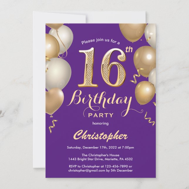 Invitation 16e anniversaire violet et ballons d'or Confetti (Devant)