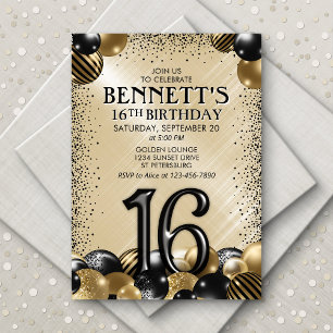 Invitation 16e Ballons Black Gold Anniversaire