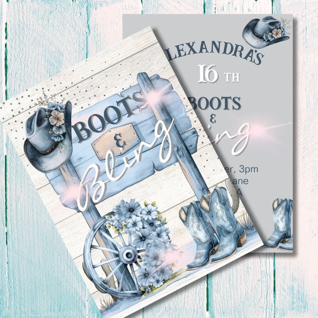 Invitation 16e Bottes de fille Bling Western Pink Blue (Créateur téléchargé)