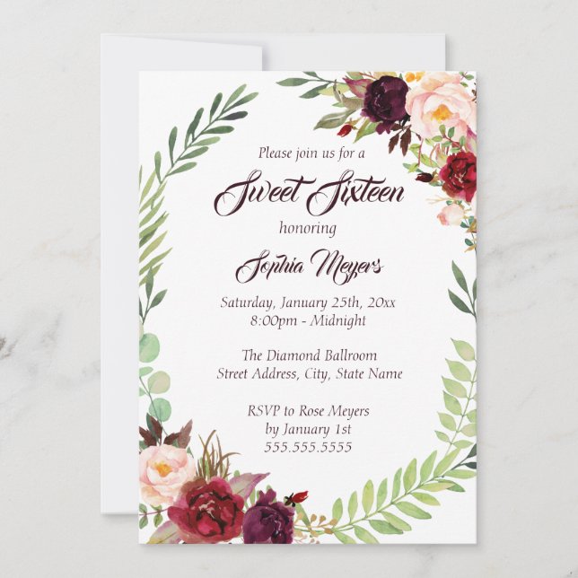 Invitation 16e couronne florale Sweet sixteen de Bourgogne (Devant)