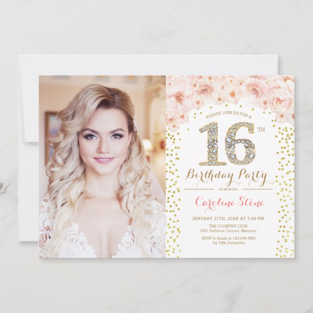 Invitation 16e fête d'anniversaire avec photo - Floral rose o (Devant)