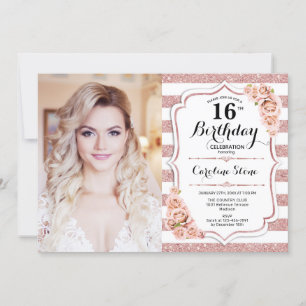 Invitation 16e fête d'anniversaire avec photo - Rose Gold Whi