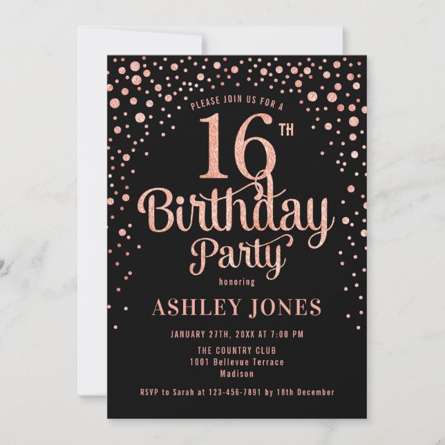 Invitation 16e fête d'anniversaire - Black & Rose Gold (Devant)