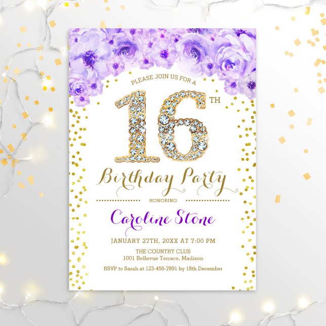 Invitation 16e fête d'anniversaire - Blanc or violet (Créateur téléchargé)