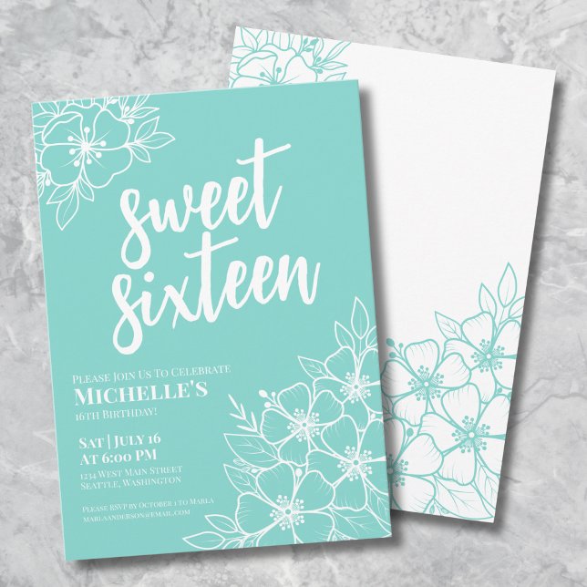 Invitation 16e fête d'anniversaire du Sweet sixteen floral mo (16th Teal Blue Floral Sweet Sixteen Birthday Party Invitation)