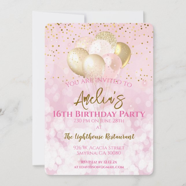 Invitation 16e fête d'anniversaire Glamour rose (Devant)
