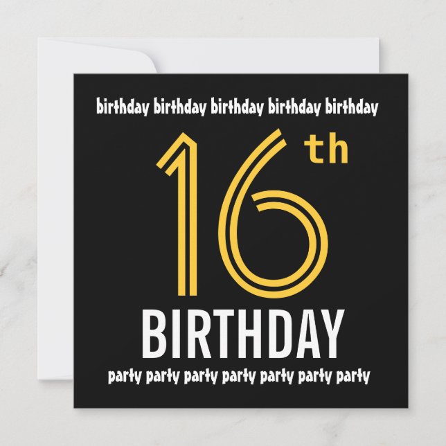 Invitation 16e fête d'anniversaire Gold moderne et Noir (Devant)