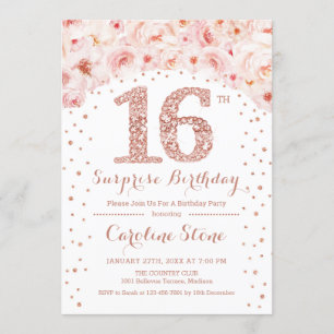 Invitation 16e fête d'anniversaire surprise - Rose blanche or