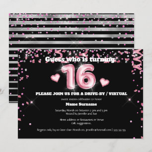 Invitation 16e feuille parties scintillant rose argent noir c