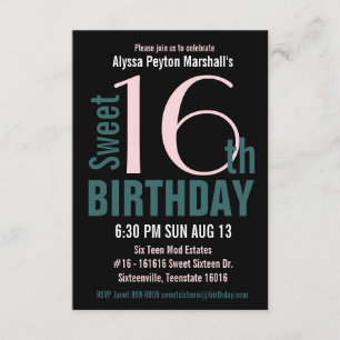 Invitation 16e parti Turquoise et noir sucré