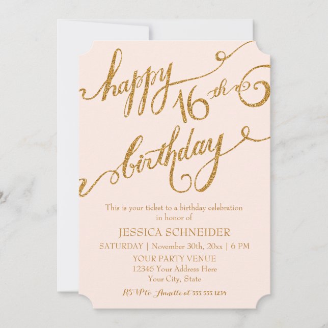 Invitation 16e Sweet sixteen Seizième billet de fête d'annive (Devant)