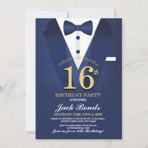 Invitation 16e Tuxedo Black Cravate Anniversaire Jeu Marine