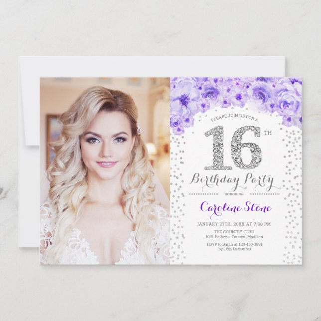 Invitation 16ème Anniversaire Avec Photo - Silver Purple (Devant)