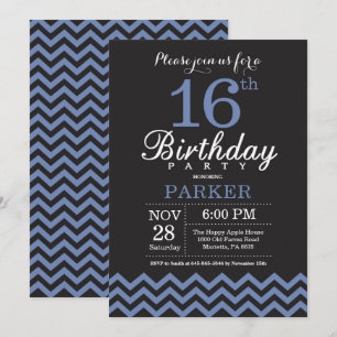 Invitation 16ème Noir et bleu d'invitation d'anniversaire