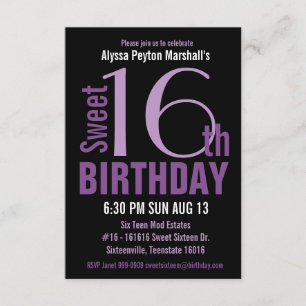 Invitation 16ème partie de bonbon moderne noir et pourpre aux