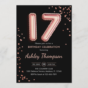 Invitation 17e anniversaire - Ballons d'or Rose Noir